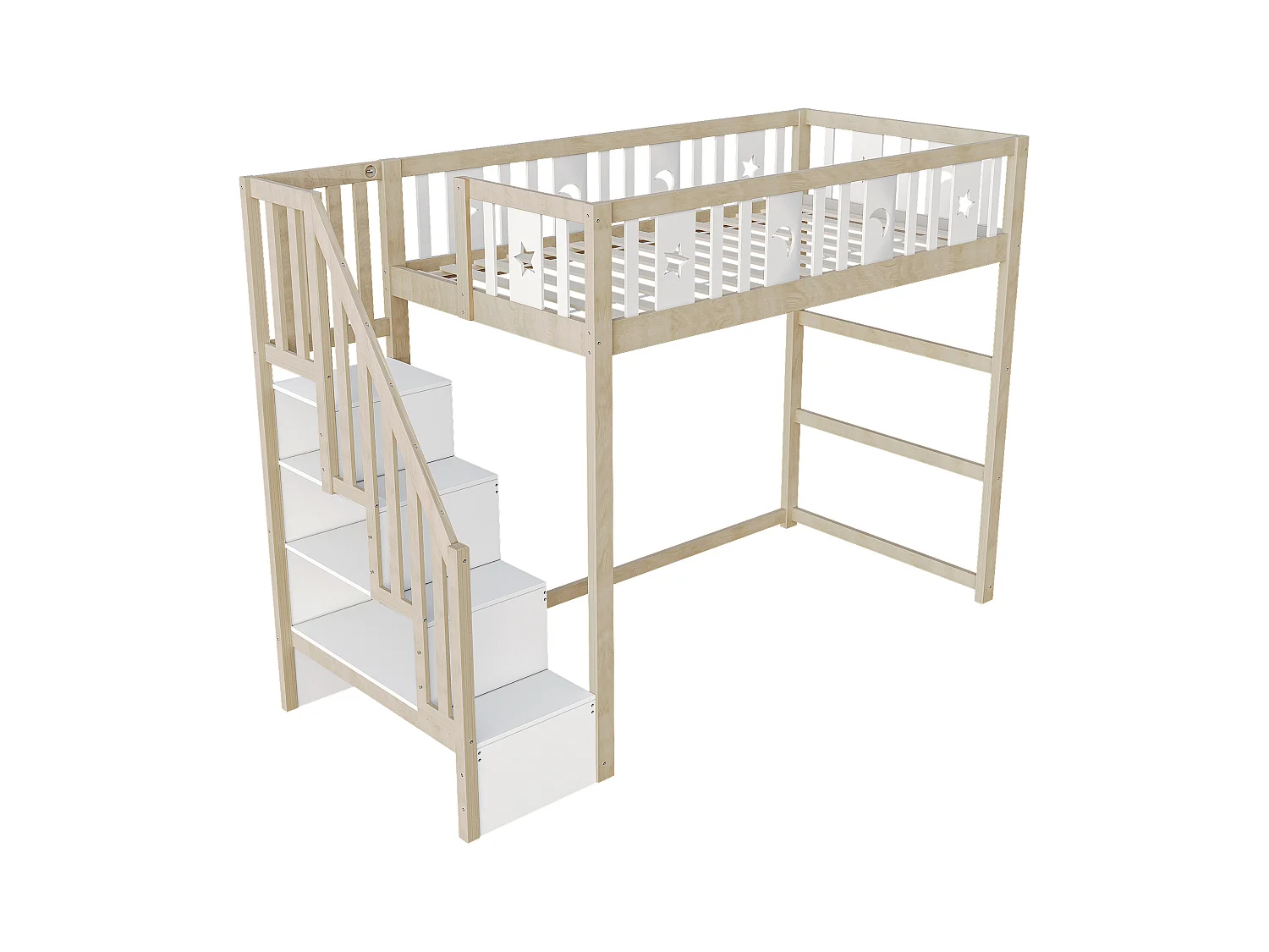 Lit mezzanine enfant 90x200cm - avec échelle de rangement - avec barrières de sécurité - Naturel (sans matelas)