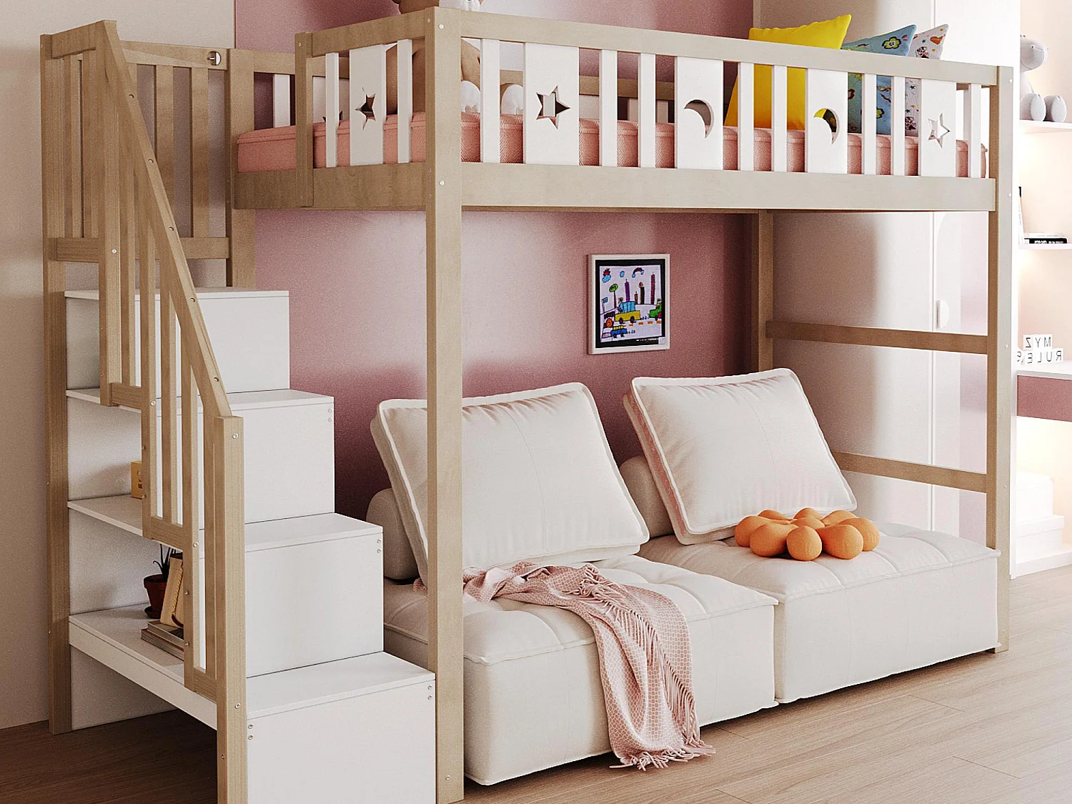 Kinderhochbett 90×200 cm - mit Aufbewahrungsleiter - mit Sicherheitsgittern - natur (ohne Matratze)