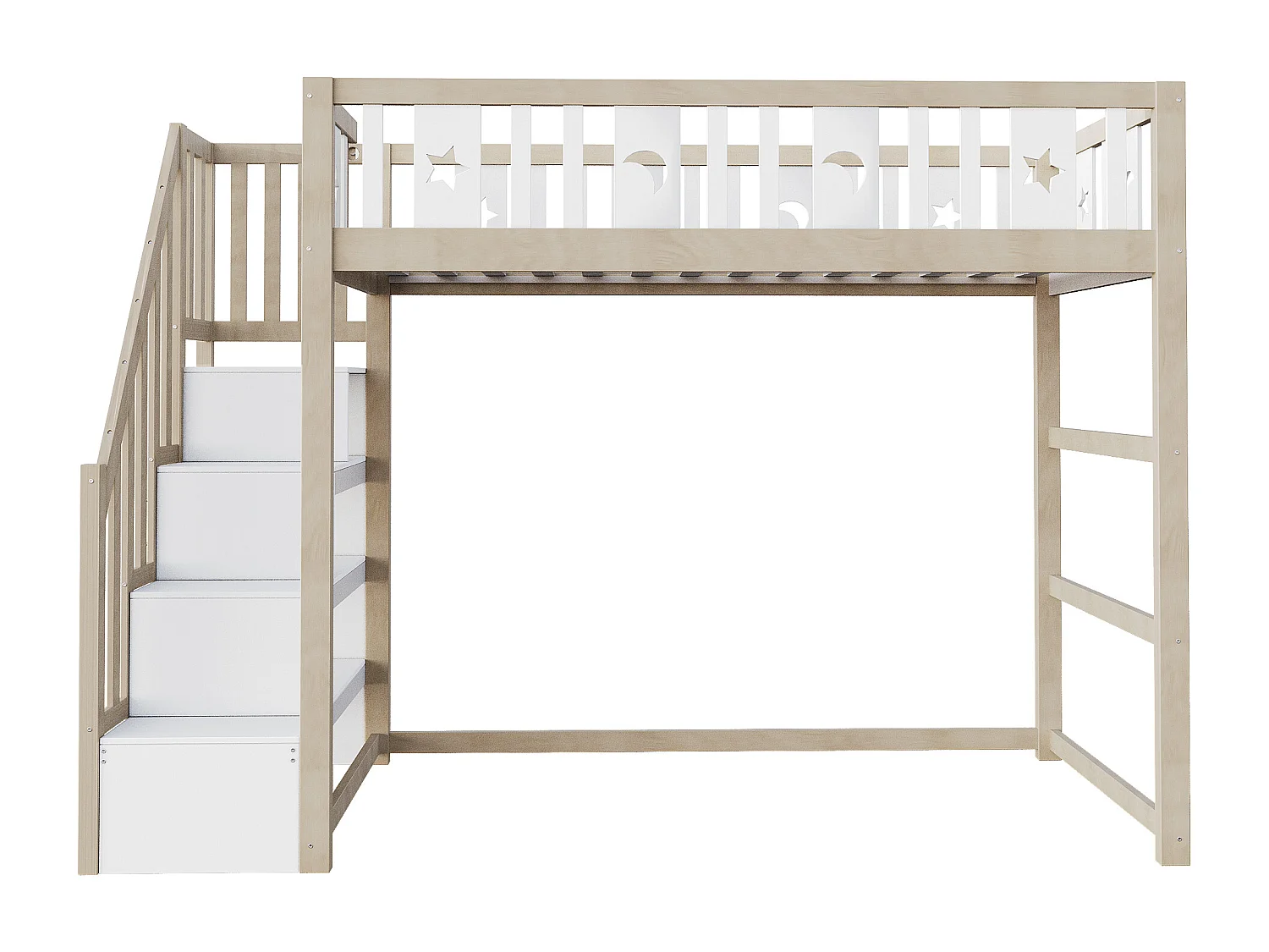 Kinderhochbett 90×200 cm - mit Aufbewahrungsleiter - mit Sicherheitsgittern - natur (ohne Matratze)