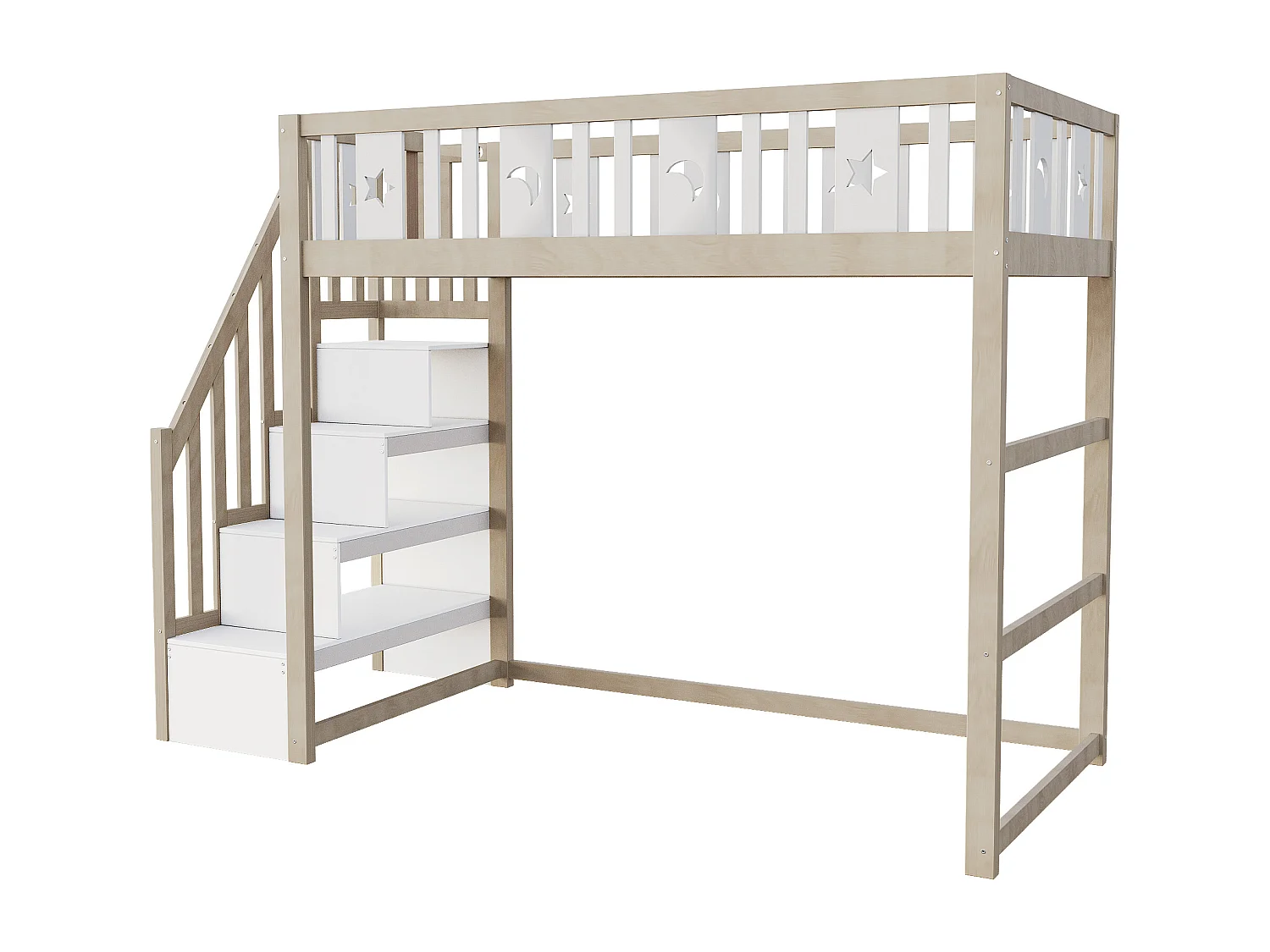 Kinderhochbett 90×200 cm - mit Aufbewahrungsleiter - mit Sicherheitsgittern - natur (ohne Matratze)