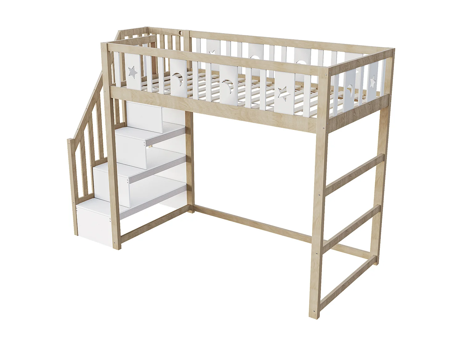 Kinderhochbett 90×200 cm - mit Aufbewahrungsleiter - mit Sicherheitsgittern - natur (ohne Matratze)