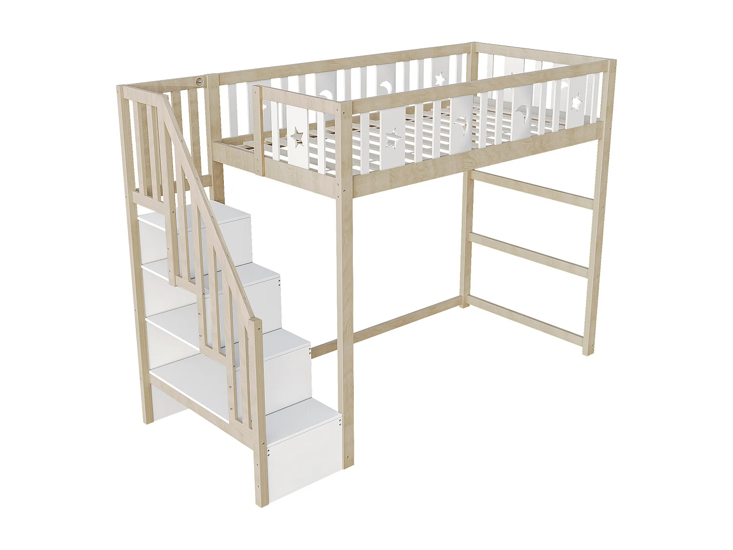 Kinderhochbett 90×200 cm - mit Aufbewahrungsleiter - mit Sicherheitsgittern - natur (ohne Matratze)