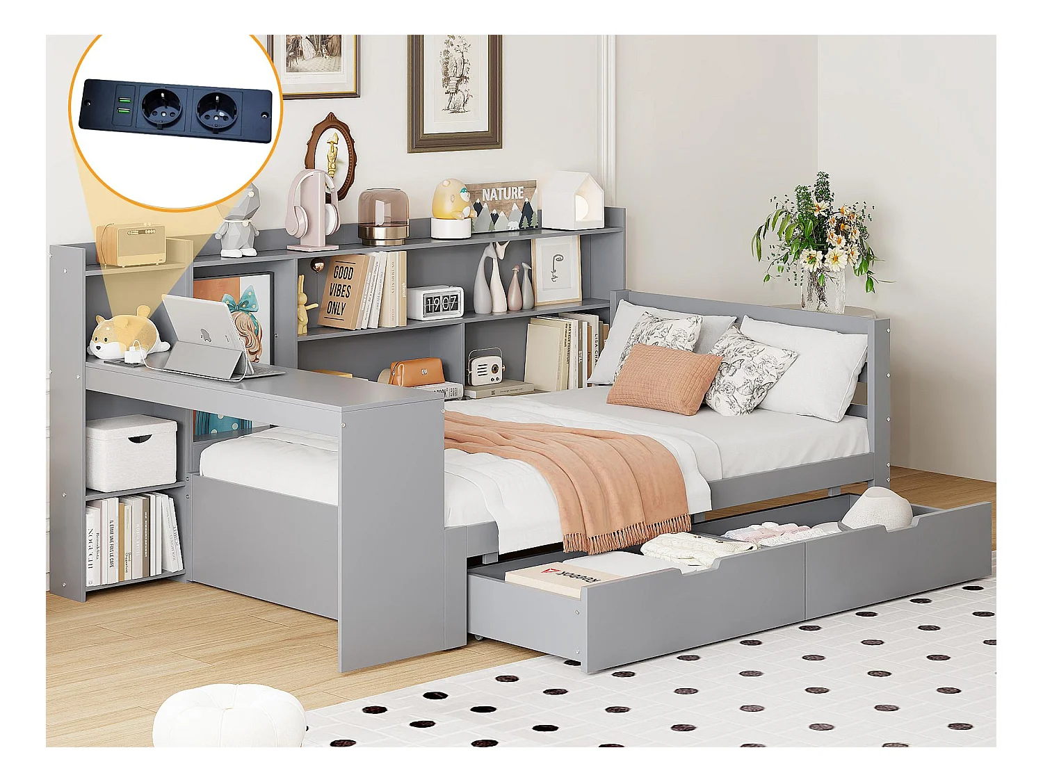 Sofá-cama de madeira maciça 90×200 cm - com escrivaninha - com 2 gavetas - com tomada - cinza (colchão não incluído)