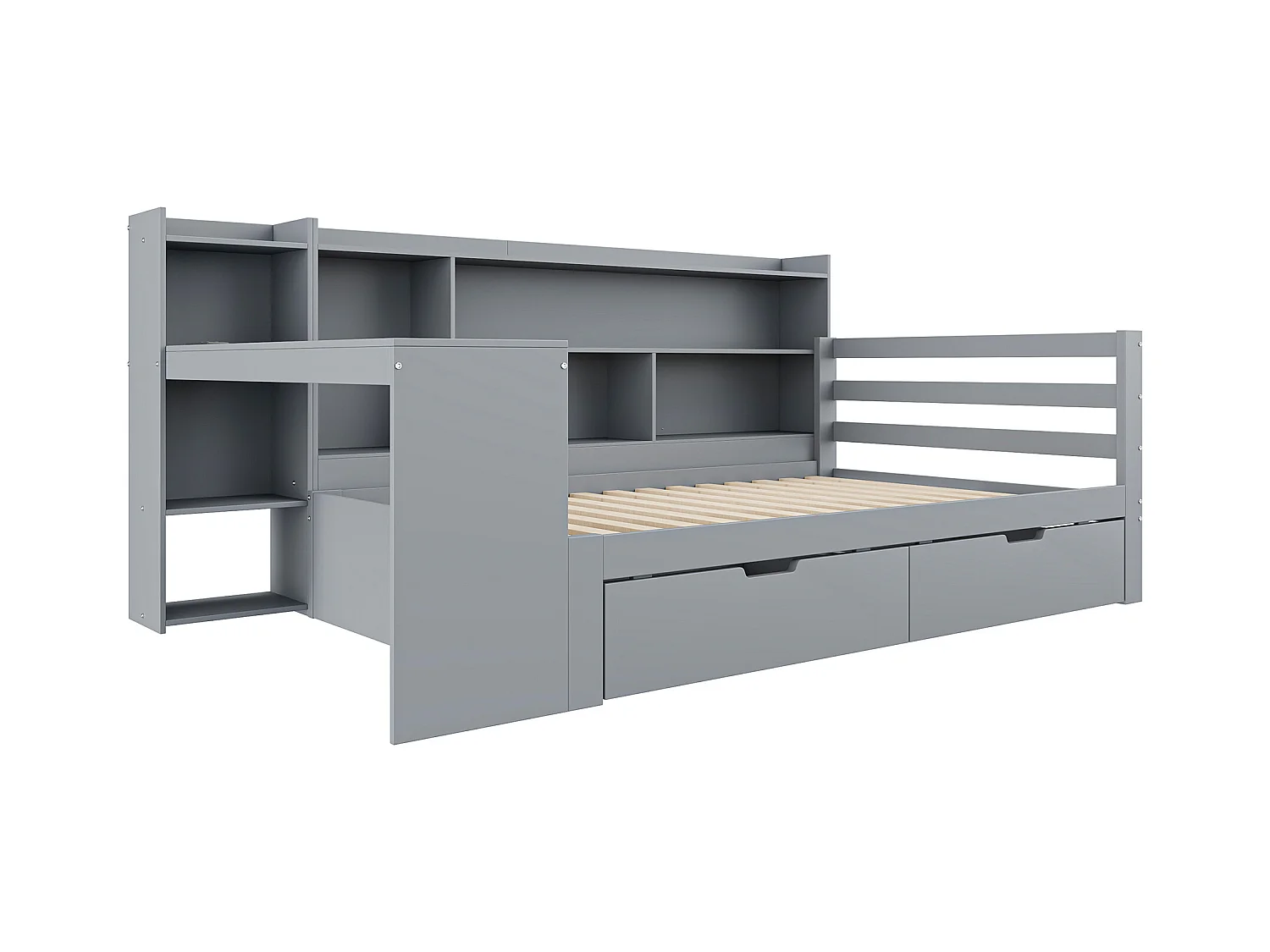 Sofá-cama de madeira maciça 90×200 cm - com escrivaninha - com 2 gavetas - com tomada - cinza (colchão não incluído)