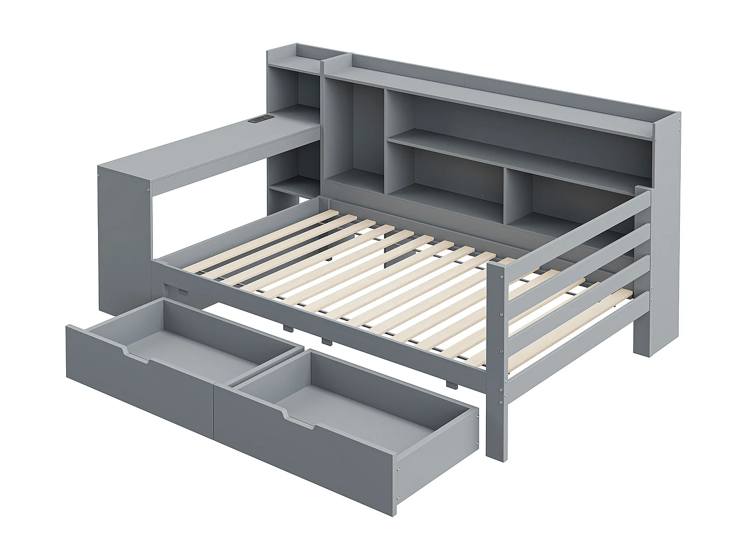 Canapé-lit en bois massif 90 x 200 cm - avec bureau - avec 2 tiroirs - avec prise de courant - gris (matelas non inclus)
