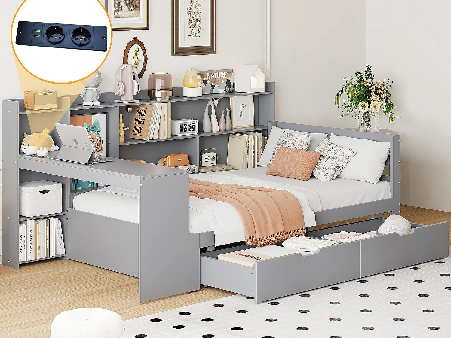 Massivholz-Schlafsofa 90×200 cm - mit Schreibtisch - mit 2 Schubladen - mit Steckdose - grau (Matratze nicht enthalten)