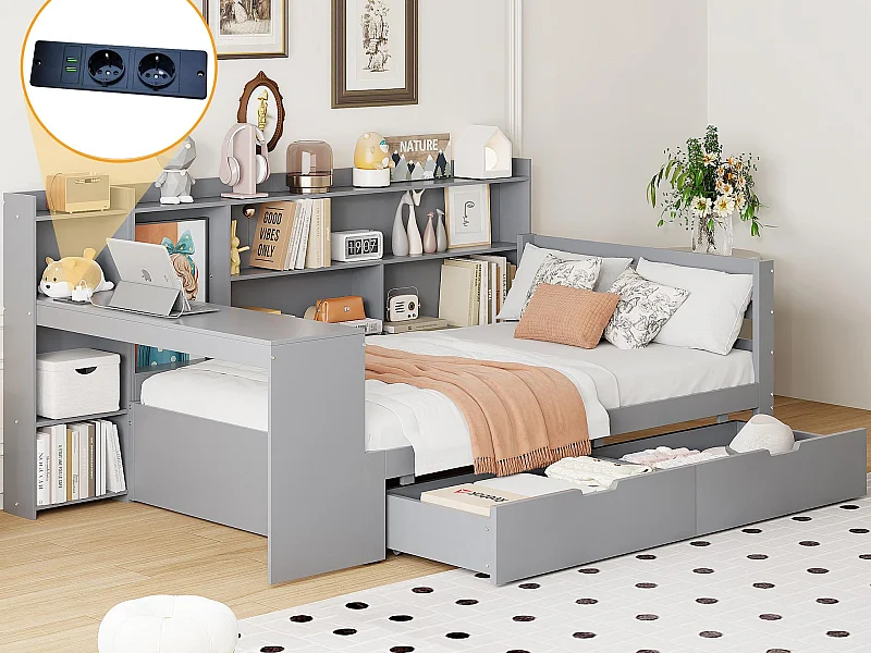 Canapé-lit en bois massif 90 x 200 cm - avec bureau - avec 2 tiroirs - avec prise de courant - gris (matelas non inclus)