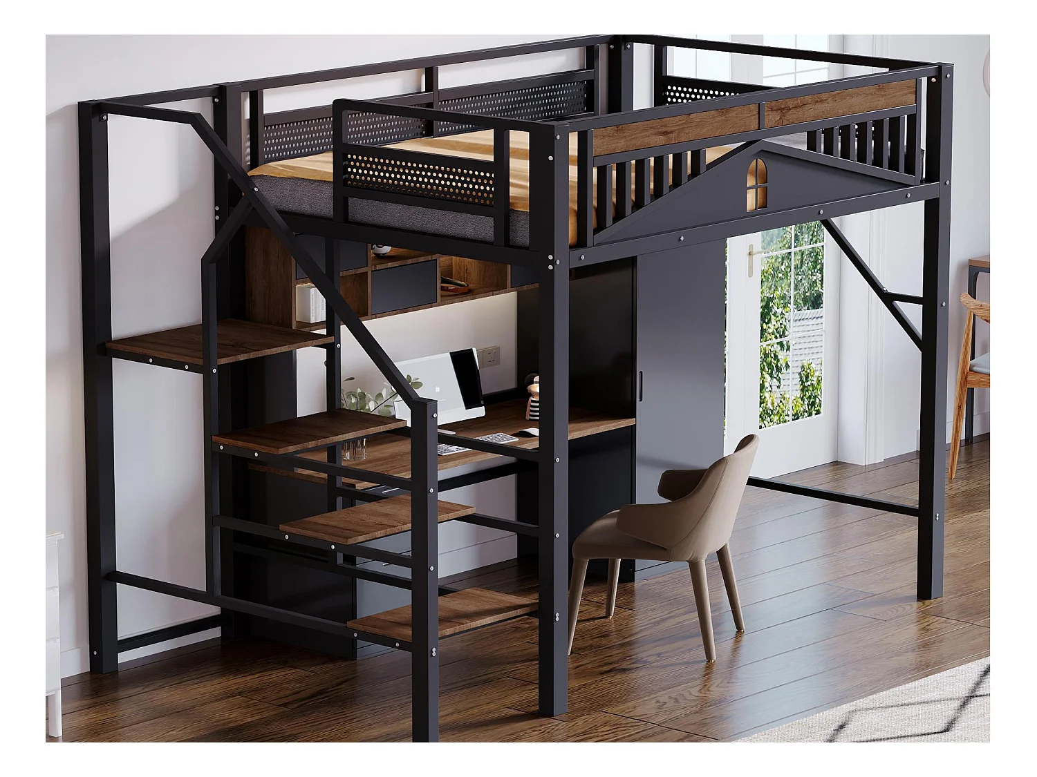 Lit mezzanine en métal 140x200cm - avec échelle - avec barrières de sécurité - noir (matelas non inclus)