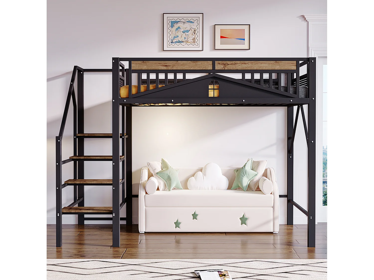 Metall-Etagenbett 140×200 cm - mit Leiter - mit Sicherheitsgittern - schwarz (Matratze nicht enthalten)