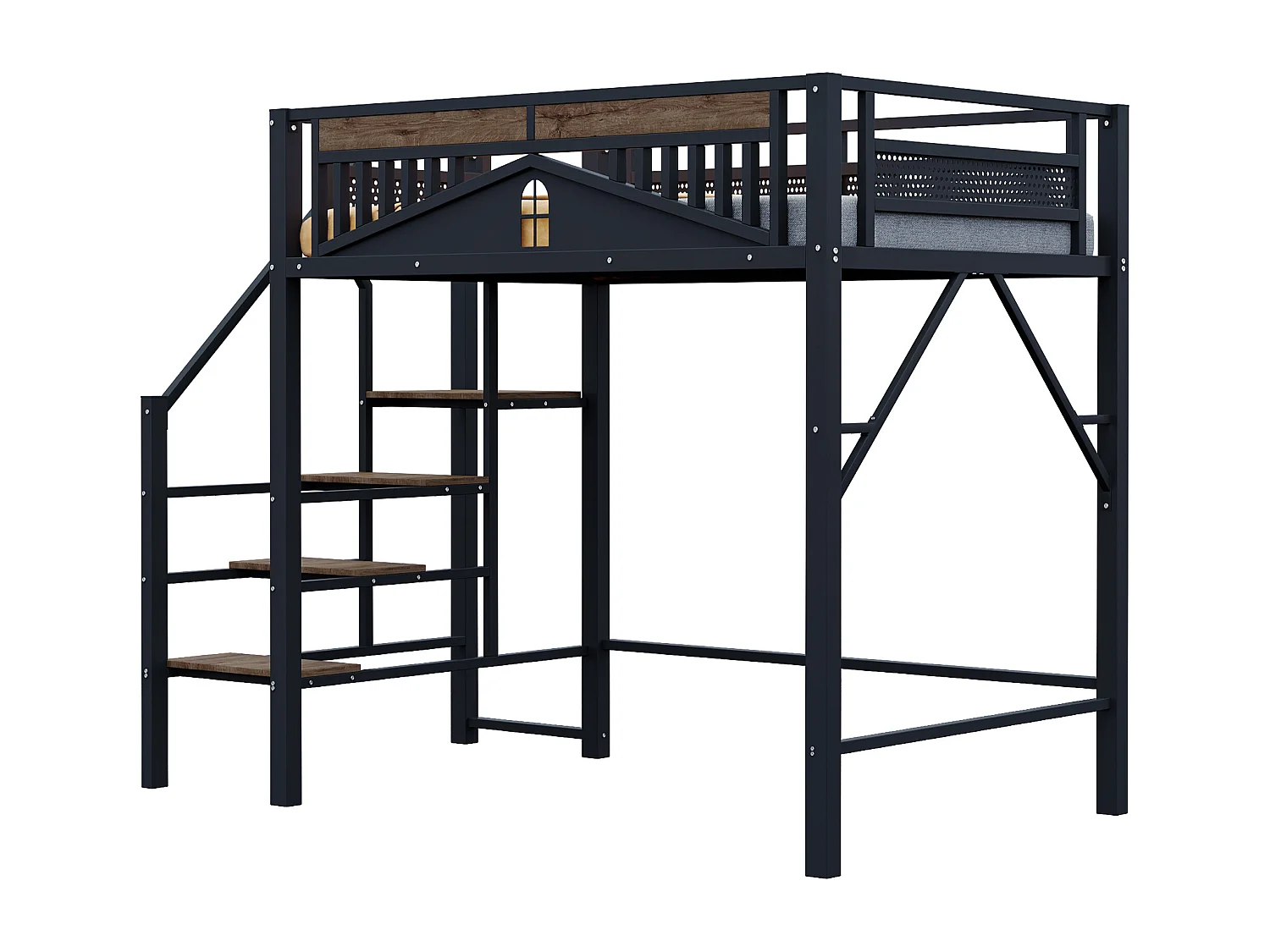 Metall-Etagenbett 140×200 cm - mit Leiter - mit Sicherheitsgittern - schwarz (Matratze nicht enthalten)