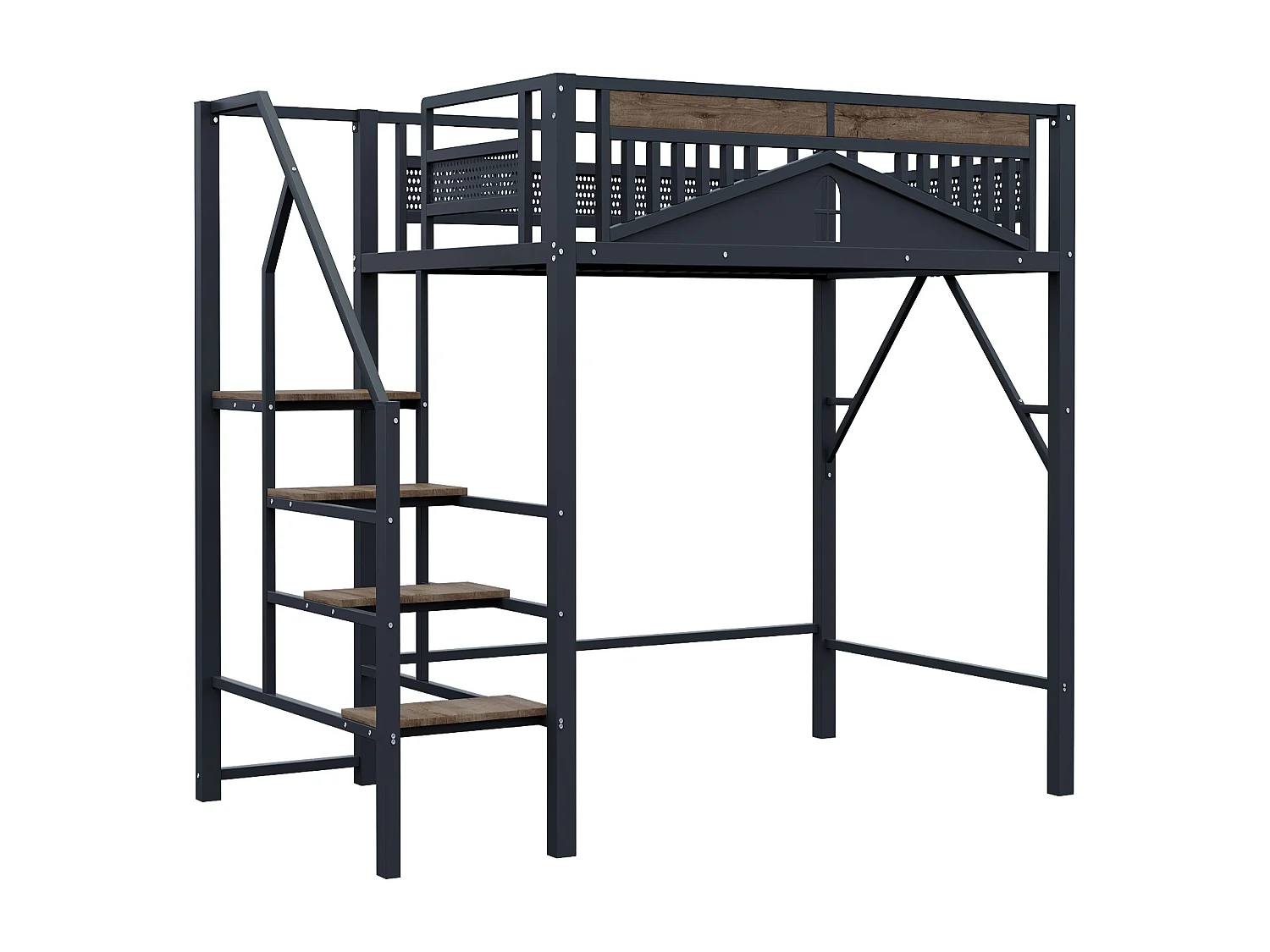 Metall-Etagenbett 140×200 cm - mit Leiter - mit Sicherheitsgittern - schwarz (Matratze nicht enthalten)