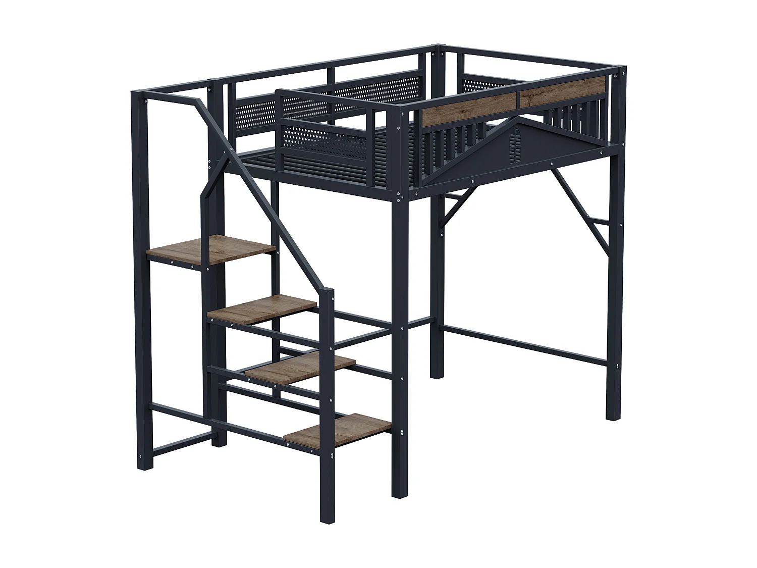 Metall-Etagenbett 140×200 cm - mit Leiter - mit Sicherheitsgittern - schwarz (Matratze nicht enthalten)