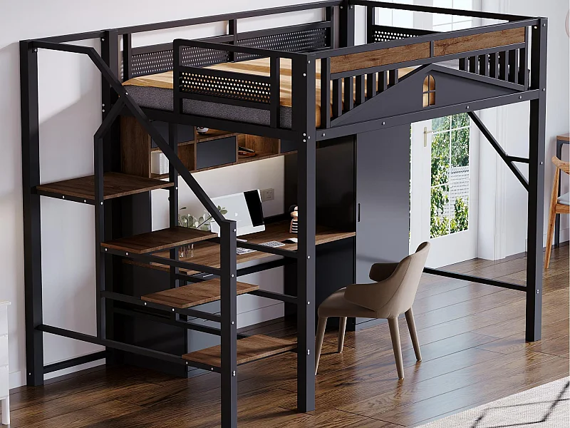 Metall-Etagenbett 140×200 cm - mit Leiter - mit Sicherheitsgittern - schwarz (Matratze nicht enthalten)