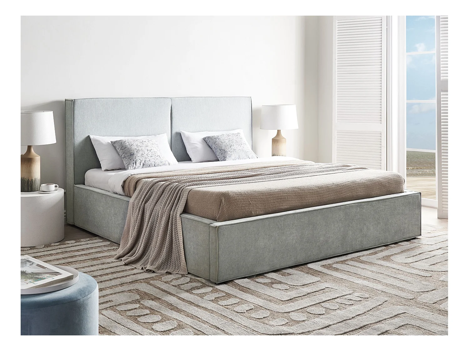 Lit ottoman Tissu MOISSAC 180 x 200 cm Bleu clair