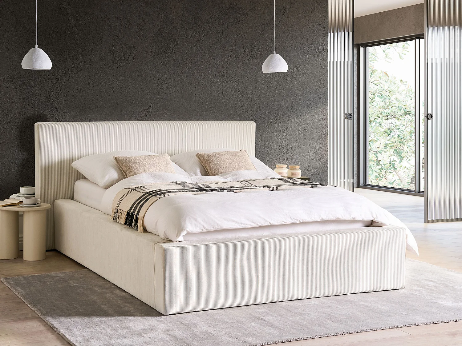 Lit ottoman Velours côtelé LILLEBONNE 140 x 200 cm Beige clair