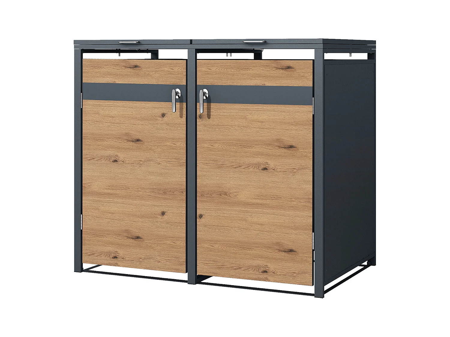 Abri pour 2 poubelles 132x80x116,3 cm capacité de 60L à 240L anthracite/aspect chêne acier couvercle rabattable/2 portes résistant aux intempéries