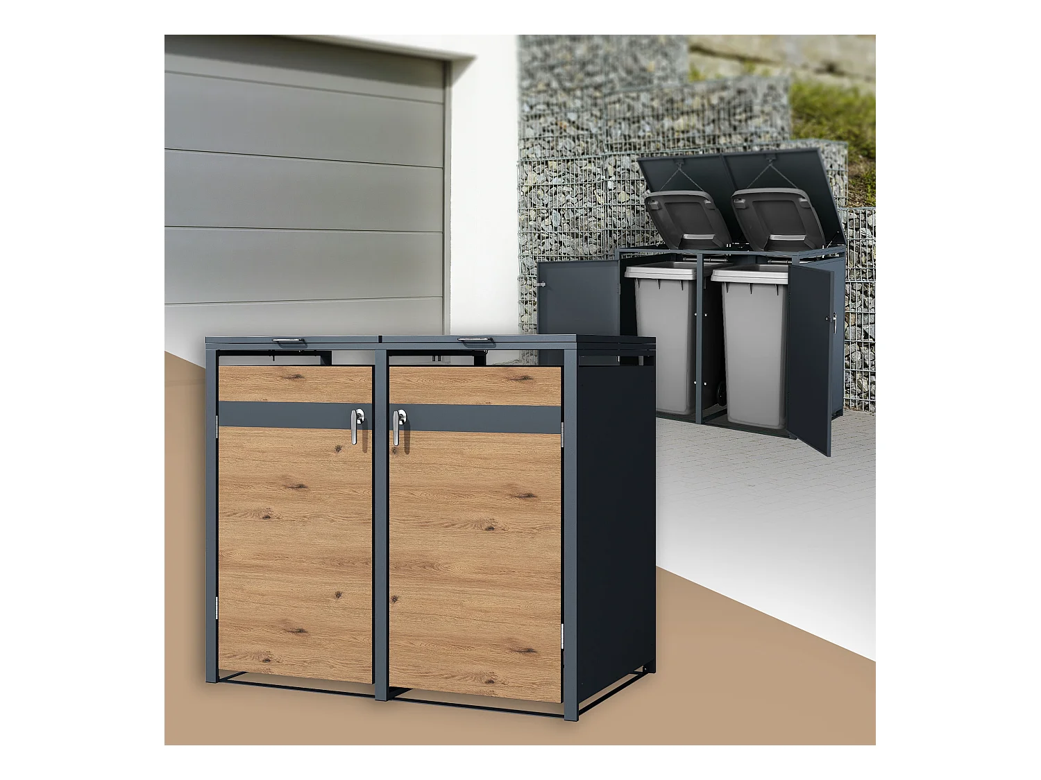 Abri pour 2 poubelles 132x80x116,3 cm capacité de 60L à 240L anthracite/aspect chêne acier couvercle rabattable/2 portes résistant aux intempéries
