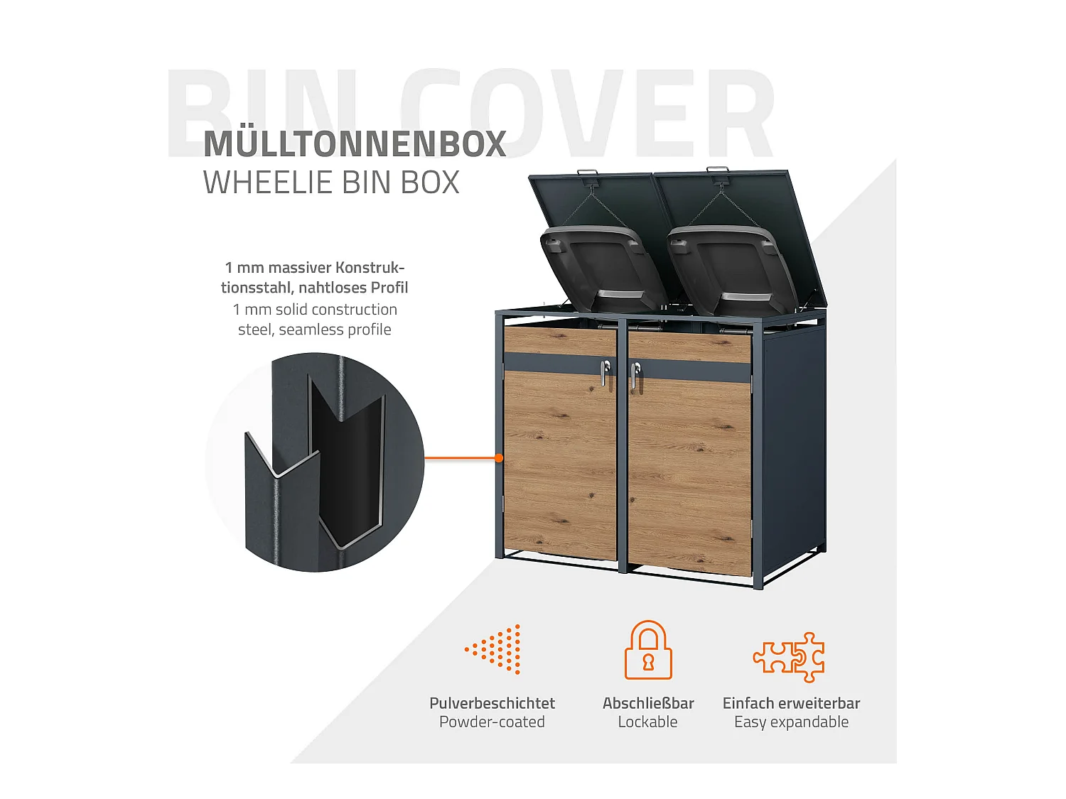 Abri pour 2 poubelles 132x80x116,3 cm capacité de 60L à 240L anthracite/aspect chêne acier couvercle rabattable/2 portes résistant aux intempéries