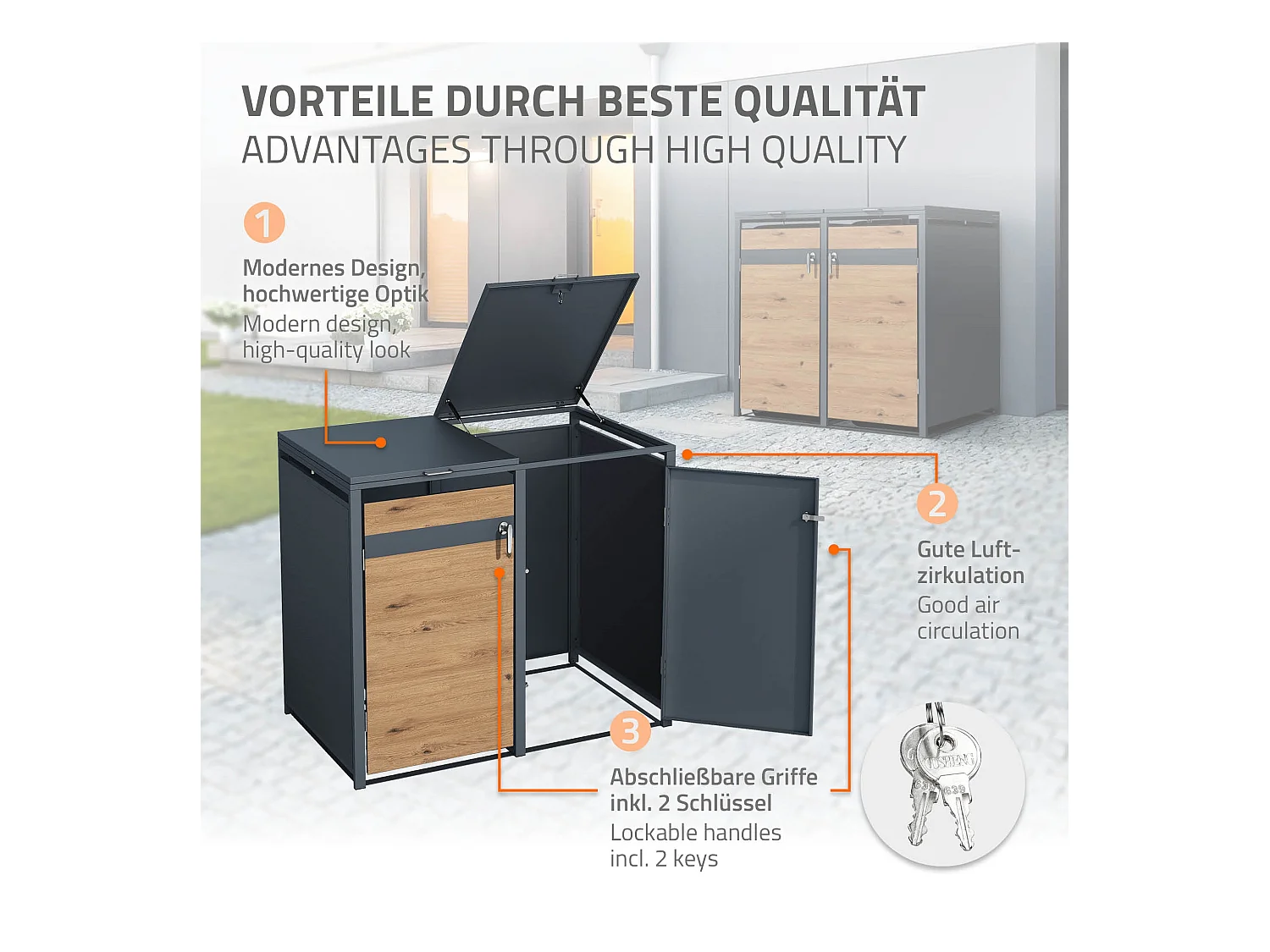 Abri pour 2 poubelles 132x80x116,3 cm capacité de 60L à 240L anthracite/aspect chêne acier couvercle rabattable/2 portes résistant aux intempéries