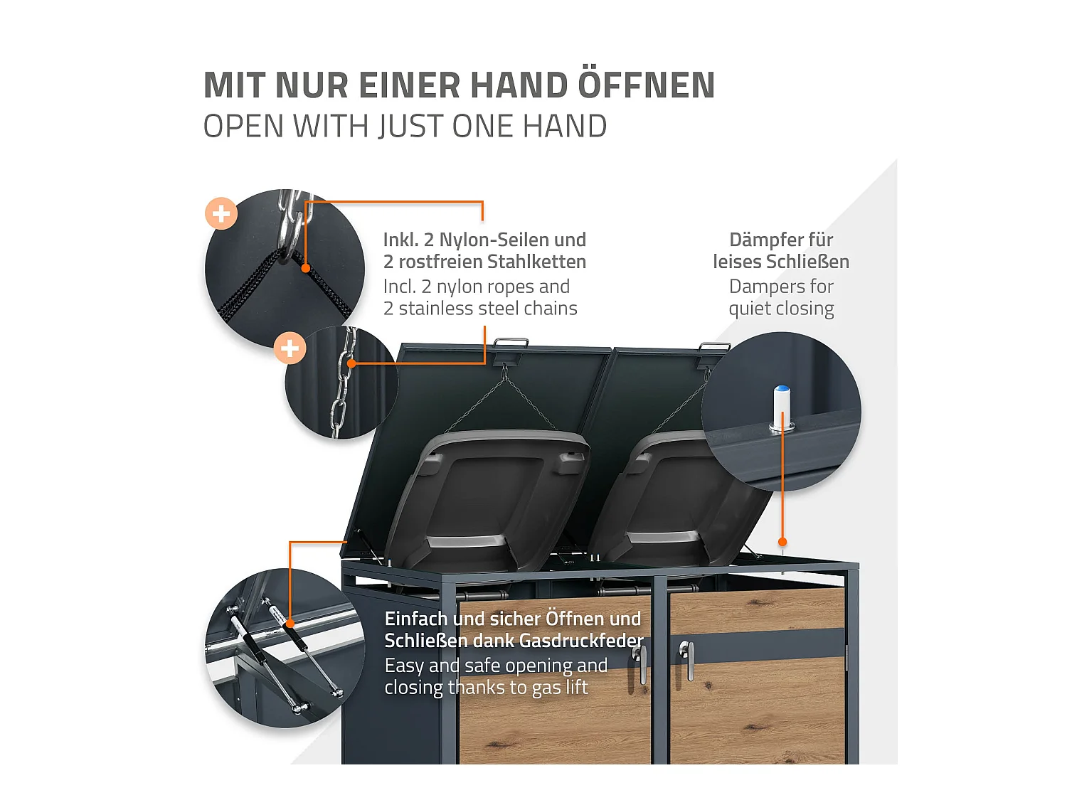 Abri pour 2 poubelles 132x80x116,3 cm capacité de 60L à 240L anthracite/aspect chêne acier couvercle rabattable/2 portes résistant aux intempéries