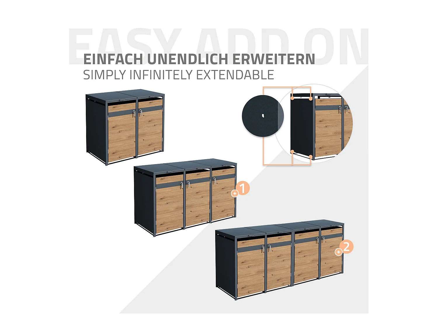 Abri pour 2 poubelles 132x80x116,3 cm capacité de 60L à 240L anthracite/aspect chêne acier couvercle rabattable/2 portes résistant aux intempéries