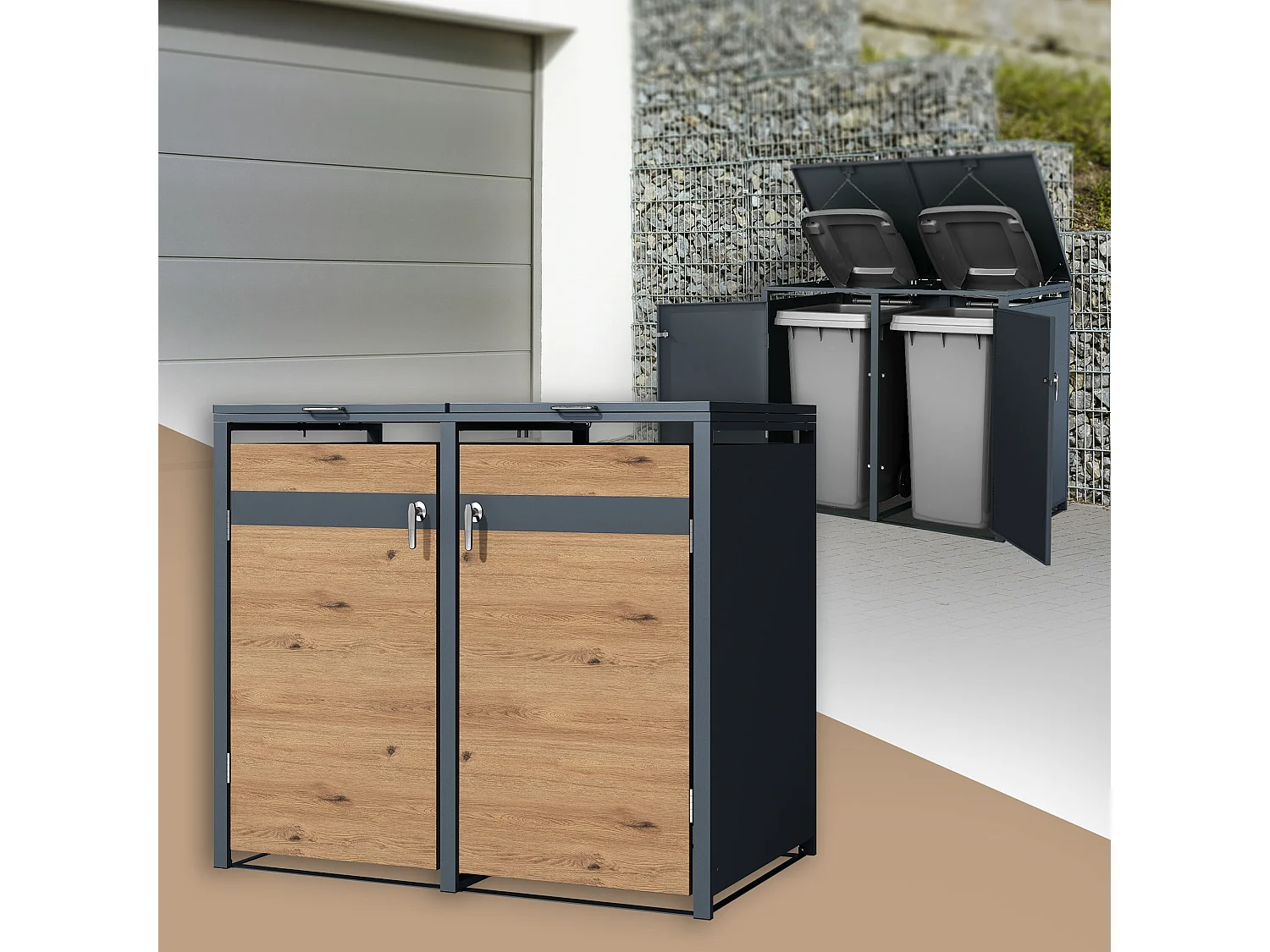 Abri pour 2 poubelles 132x80x116,3 cm capacité de 60L à 240L anthracite/aspect chêne acier couvercle rabattable/2 portes résistant aux intempéries