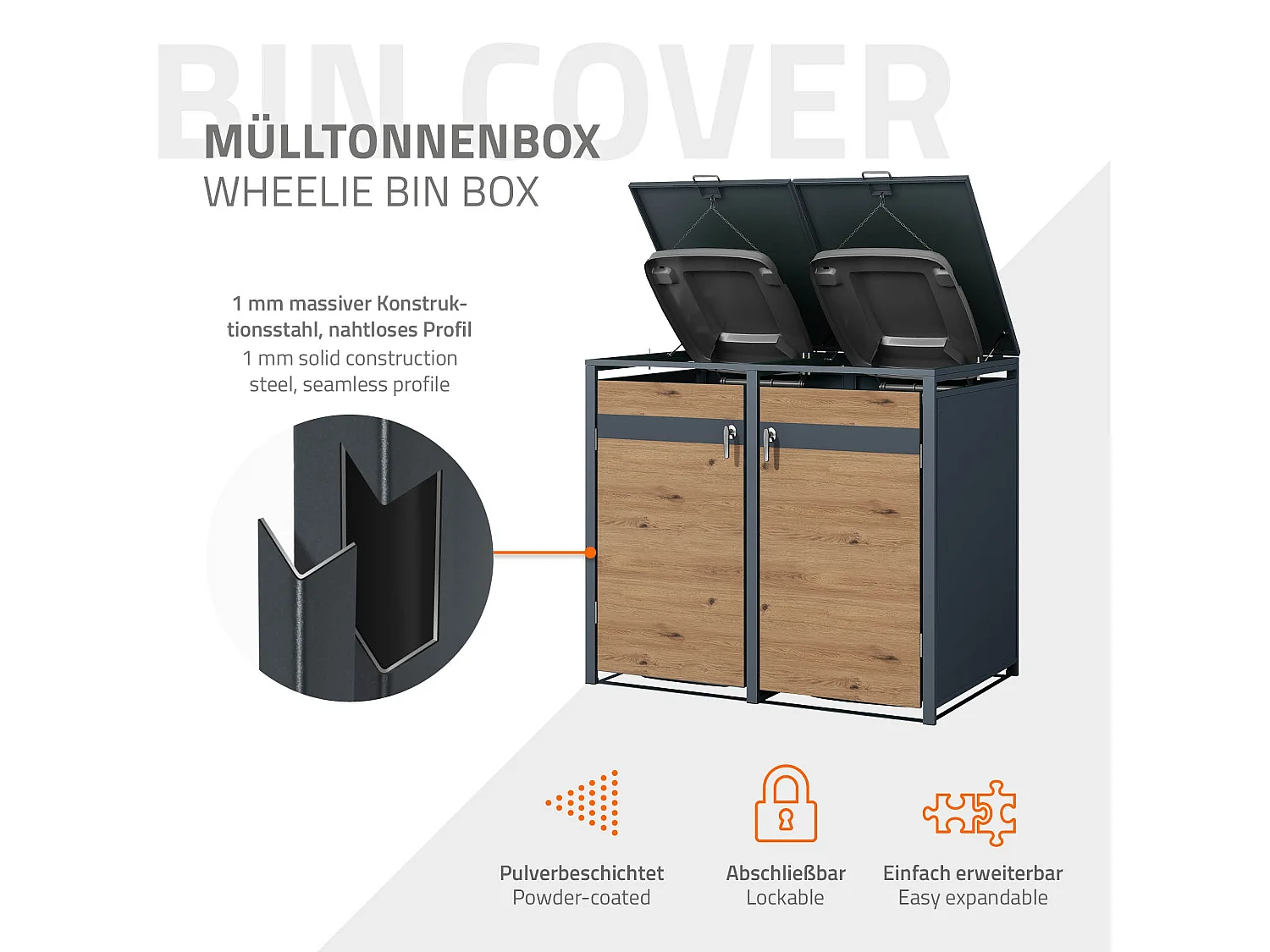 Abri pour 2 poubelles 132x80x116,3 cm capacité de 60L à 240L anthracite/aspect chêne acier couvercle rabattable/2 portes résistant aux intempéries