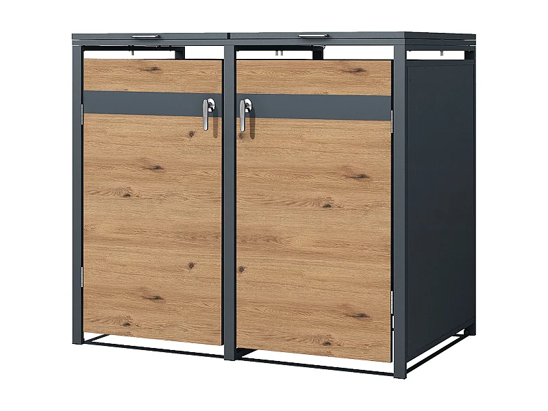 Abri pour 2 poubelles 132x80x116,3 cm capacité de 60L à 240L anthracite/aspect chêne acier couvercle rabattable/2 portes résistant aux intempéries