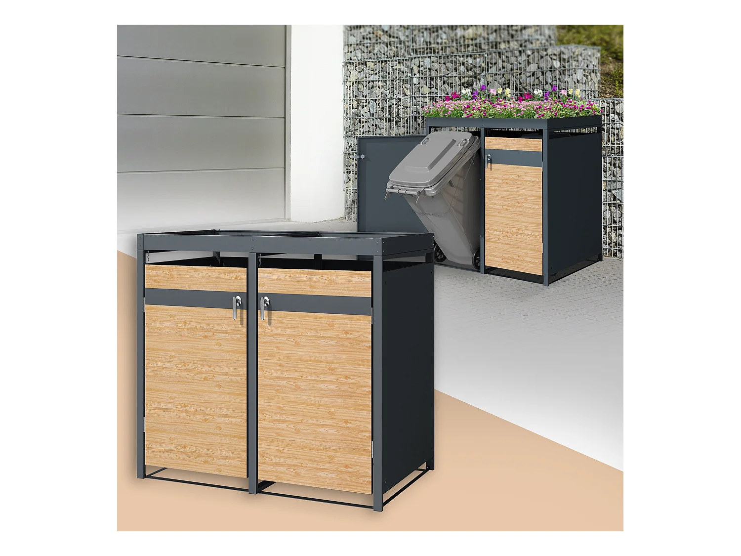 ML-Design Copribidoni per 2 bidoni 240L 132x80x124 cm in acciaio antracite aspetto larice contenitore per pattumiera con 2 ante e tetto a fioriera
