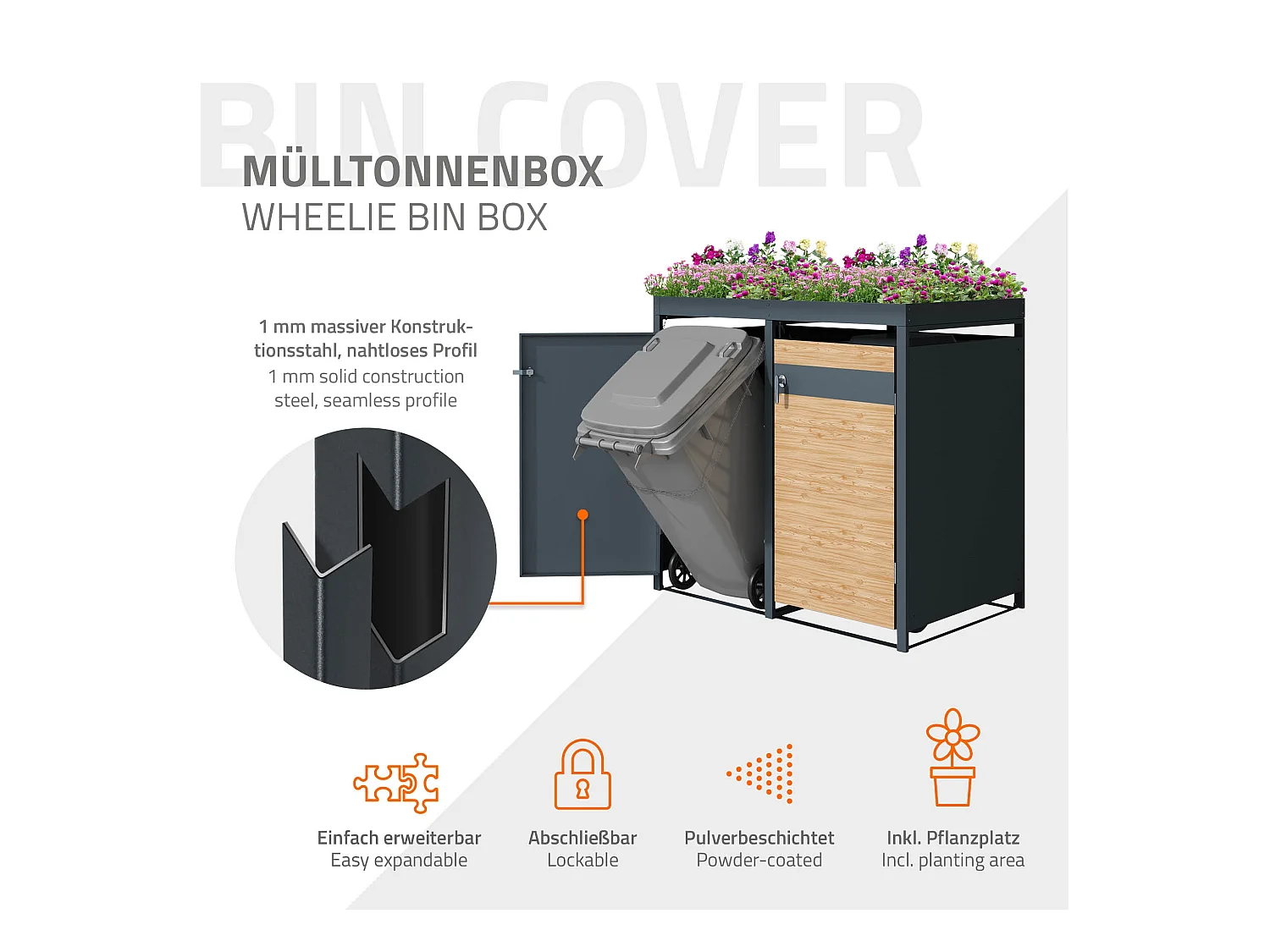 ML-Design Copribidoni per 2 bidoni 240L 132x80x124 cm in acciaio antracite aspetto larice contenitore per pattumiera con 2 ante e tetto a fioriera