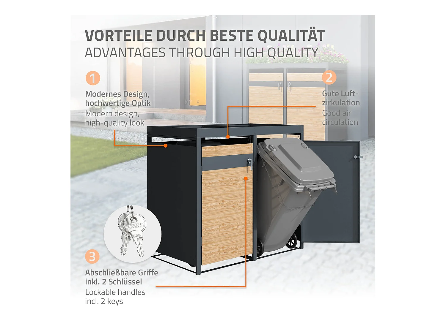 ML-Design Copribidoni per 2 bidoni 240L 132x80x124 cm in acciaio antracite aspetto larice contenitore per pattumiera con 2 ante e tetto a fioriera