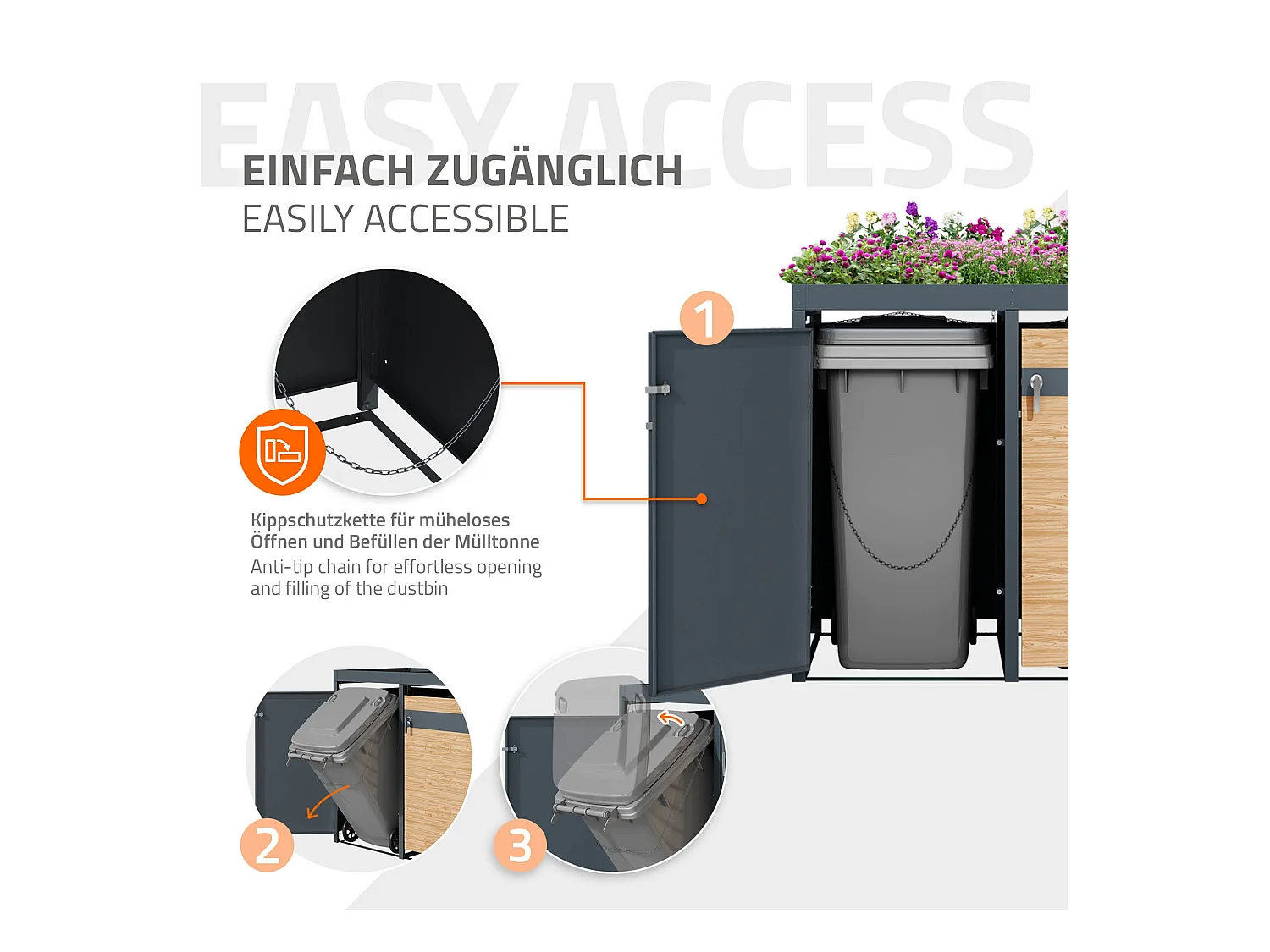 ML-Design Copribidoni per 2 bidoni 240L 132x80x124 cm in acciaio antracite aspetto larice contenitore per pattumiera con 2 ante e tetto a fioriera