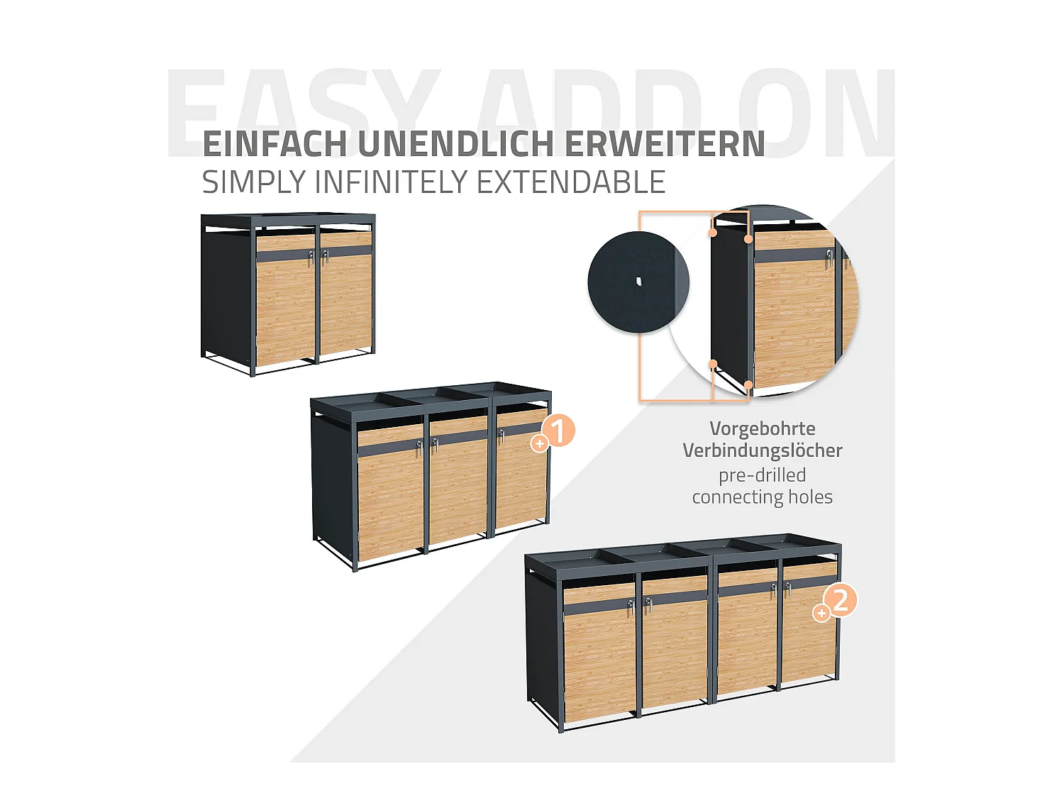 ML-Design Copribidoni per 2 bidoni 240L 132x80x124 cm in acciaio antracite aspetto larice contenitore per pattumiera con 2 ante e tetto a fioriera