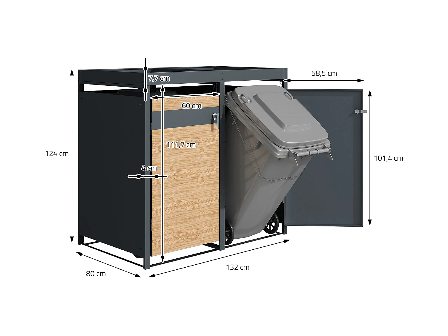 ML-Design Copribidoni per 2 bidoni 240L 132x80x124 cm in acciaio antracite aspetto larice contenitore per pattumiera con 2 ante e tetto a fioriera