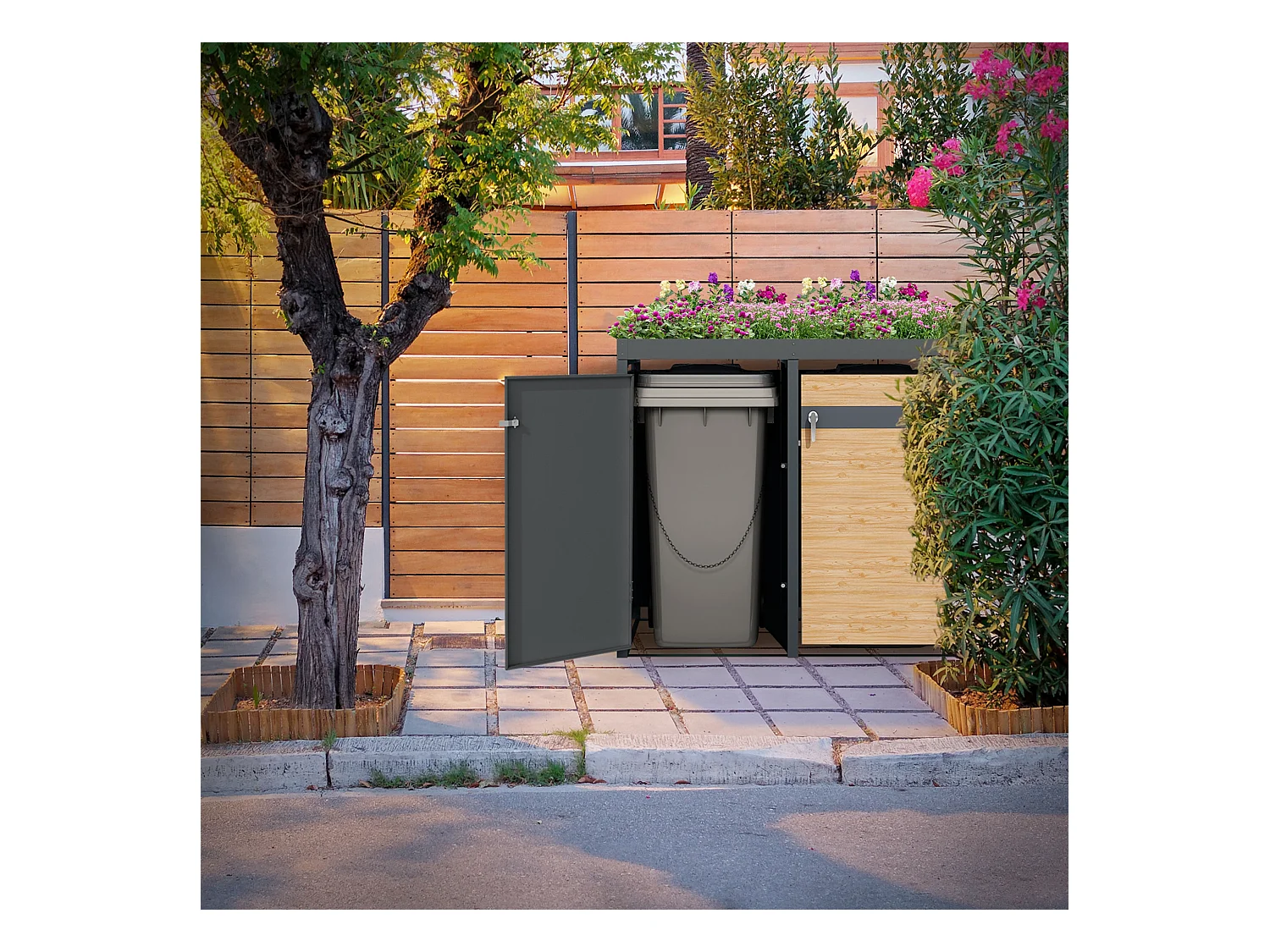 ML-Design Copribidoni per 2 bidoni 240L 132x80x124 cm in acciaio antracite aspetto larice contenitore per pattumiera con 2 ante e tetto a fioriera