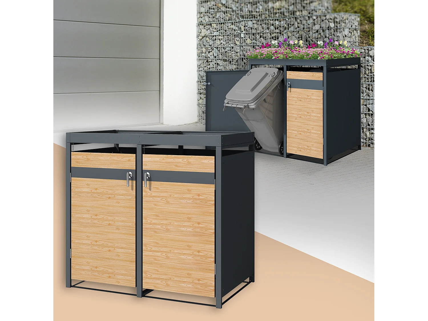 Abri pour 2 poubelles 132x80x124 cm capacité de 60L à 240L anthracite/aspect mélèze en acier avec toit pour plantes/2 portes résistant aux intempéries