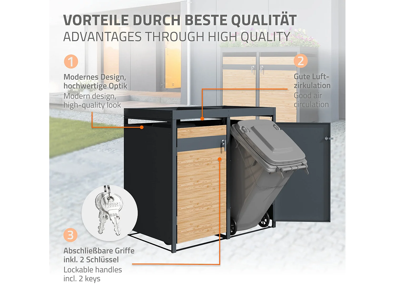 Abri pour 2 poubelles 132x80x124 cm capacité de 60L à 240L anthracite/aspect mélèze en acier avec toit pour plantes/2 portes résistant aux intempéries