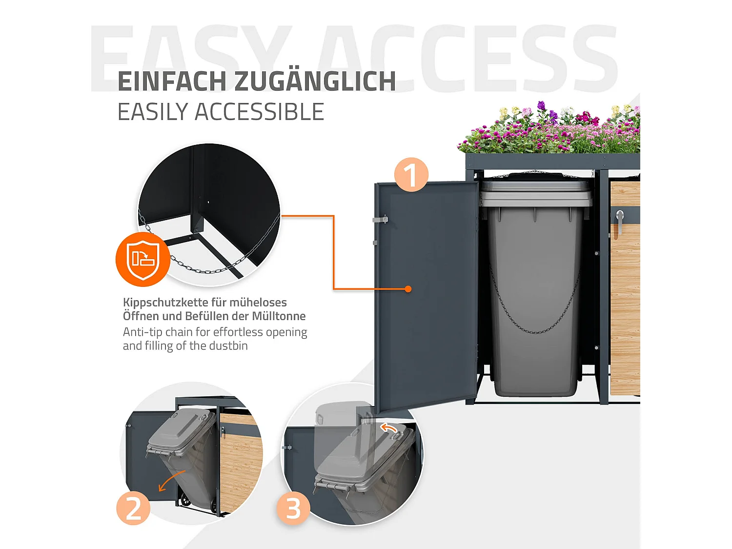 Abri pour 2 poubelles 132x80x124 cm capacité de 60L à 240L anthracite/aspect mélèze en acier avec toit pour plantes/2 portes résistant aux intempéries