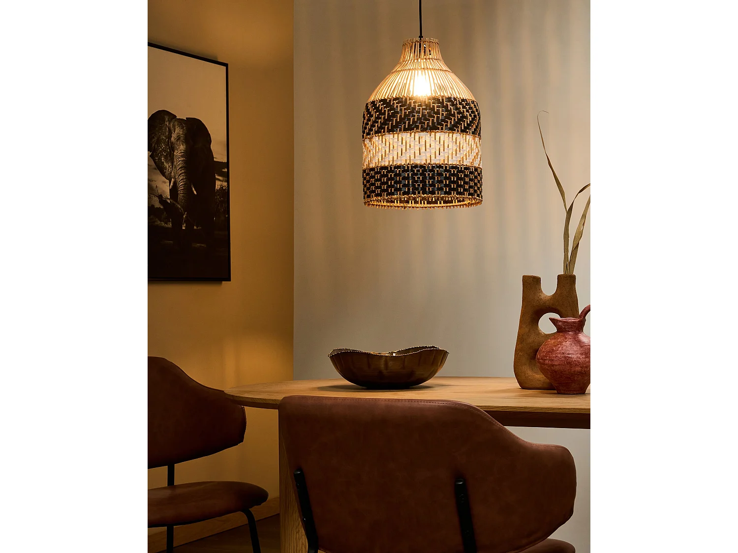 Lampe suspension TURABO Rotin Noir/blanc