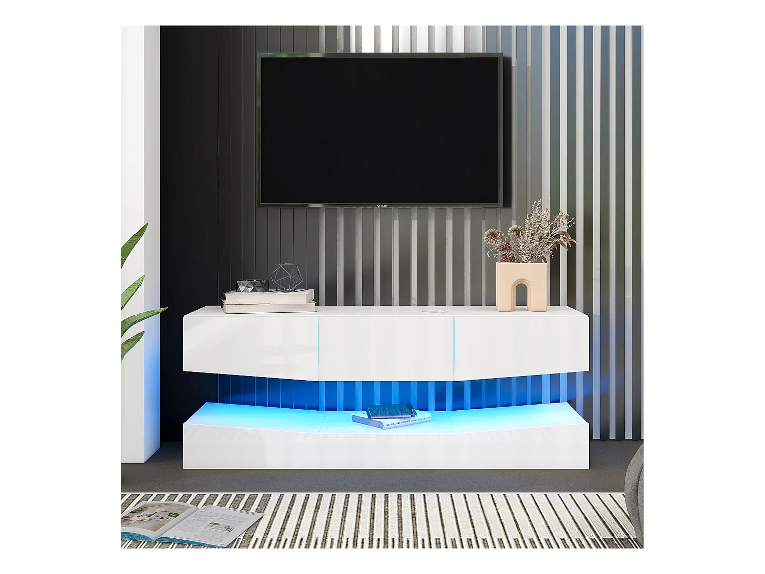 Hangend TV-meubel 180cm met LED - 3 lades - Wit