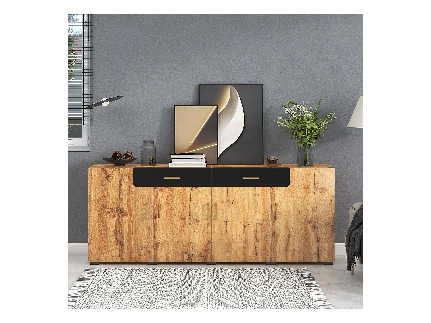Buffet L 200cm - 4 portes avec 2 tiroirs - Naturel