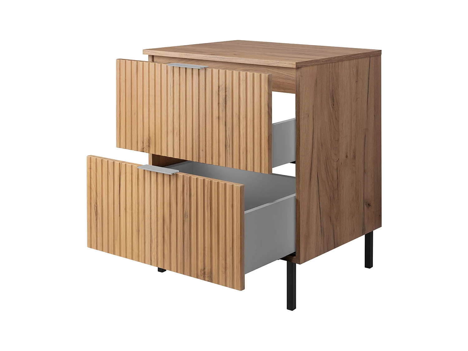 Wastafelmeubel, Eik Craft, 60 x 77 x 46 cm, zilveren handgreep, Zwarte poten + Blad