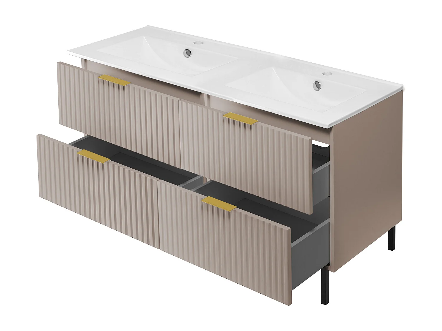 Waschbeckunterschrank, Kaschmir, 120 (2 x 60) x 77 x 46 cm, goldener Griff, schwarze Beine, ohne Top