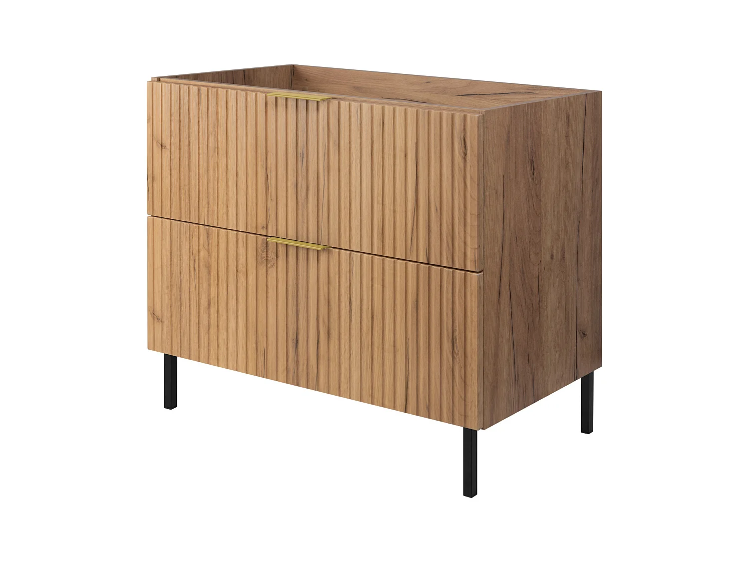 Meuble vasque, Chêne Craft, 80 x 77 x 46 cm, poignée dorée, pieds noirs, sans plateau