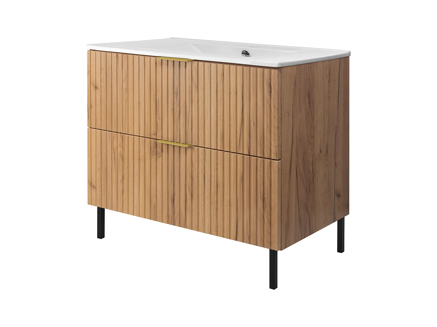 Meuble vasque, Chêne Craft, 80 x 77 x 46 cm, poignée dorée, pieds noirs, sans plateau