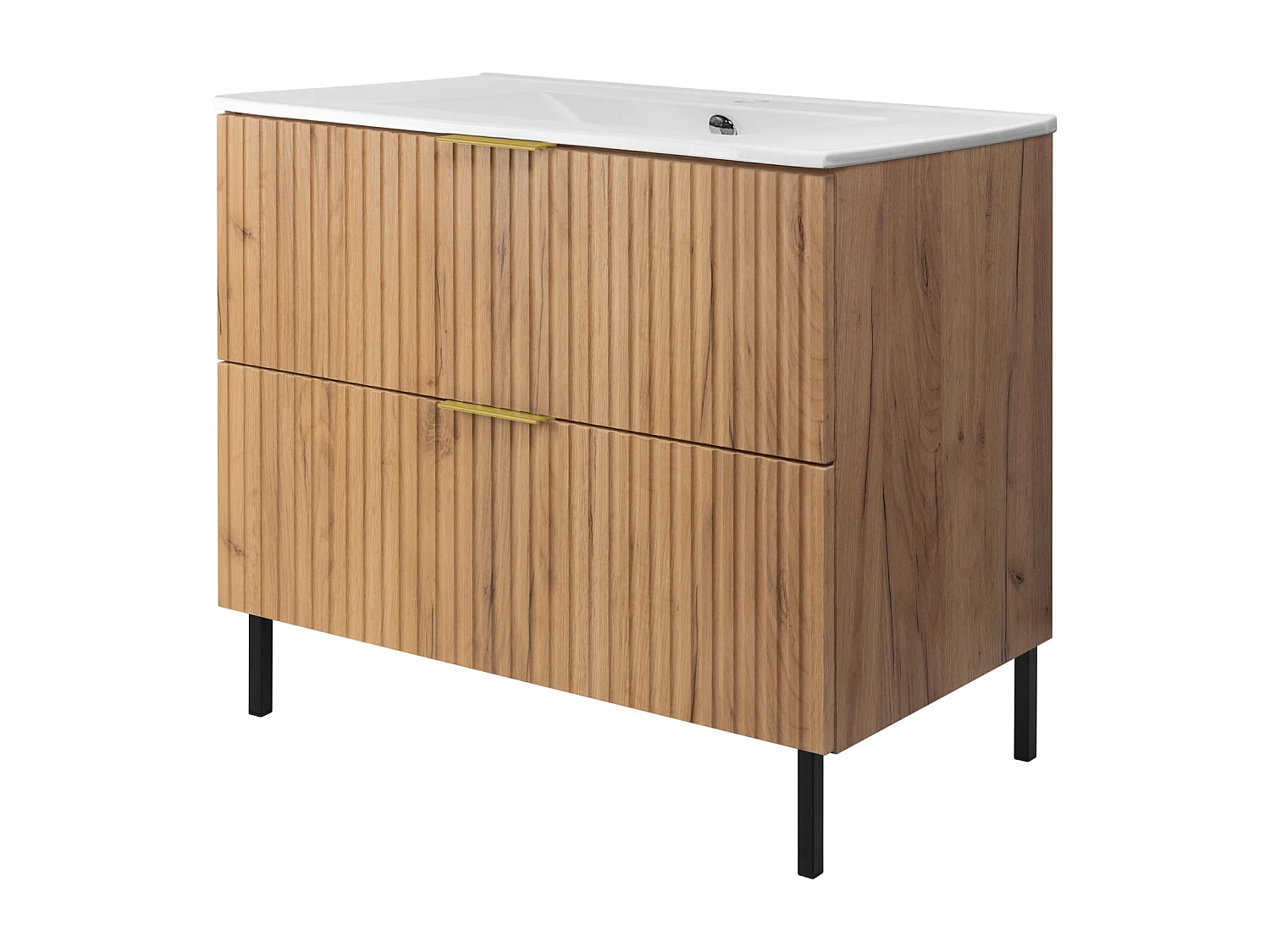 Meuble vasque, Chêne Craft, 80 x 77 x 46 cm, poignée dorée, pieds noirs, sans plateau