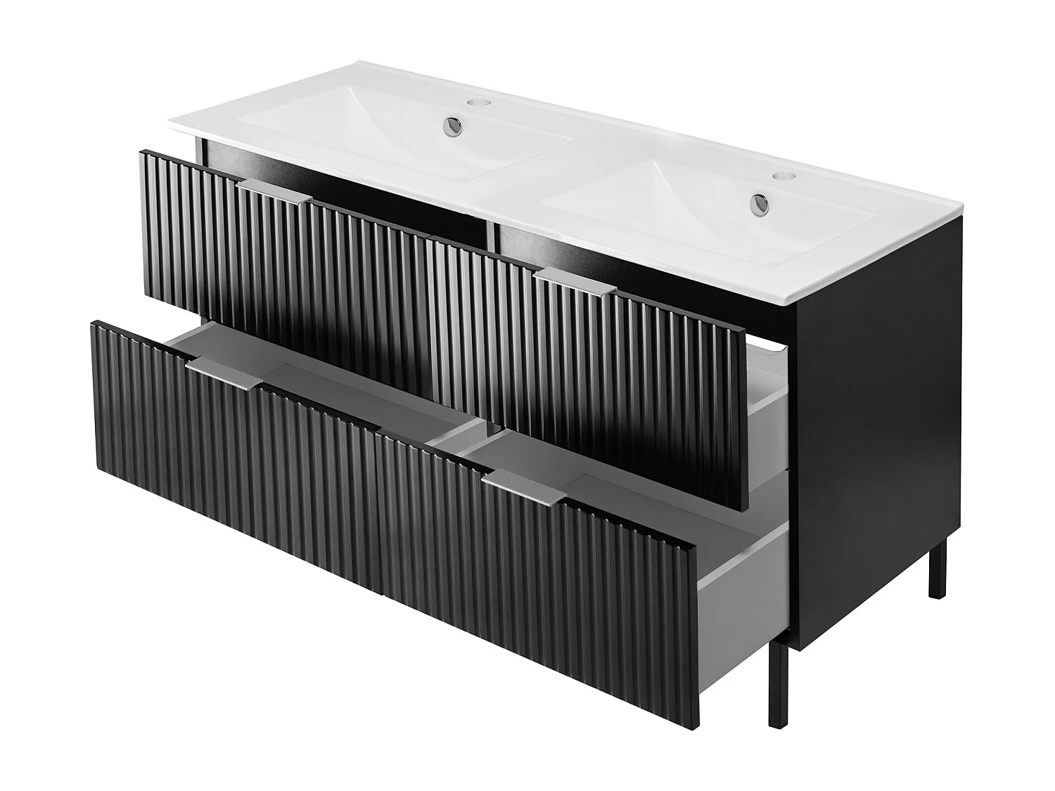 Meuble vasque, Noir, 120 (2 x 60) x 77 x 46 cm, poignée argentée, pieds noirs, sans plateau