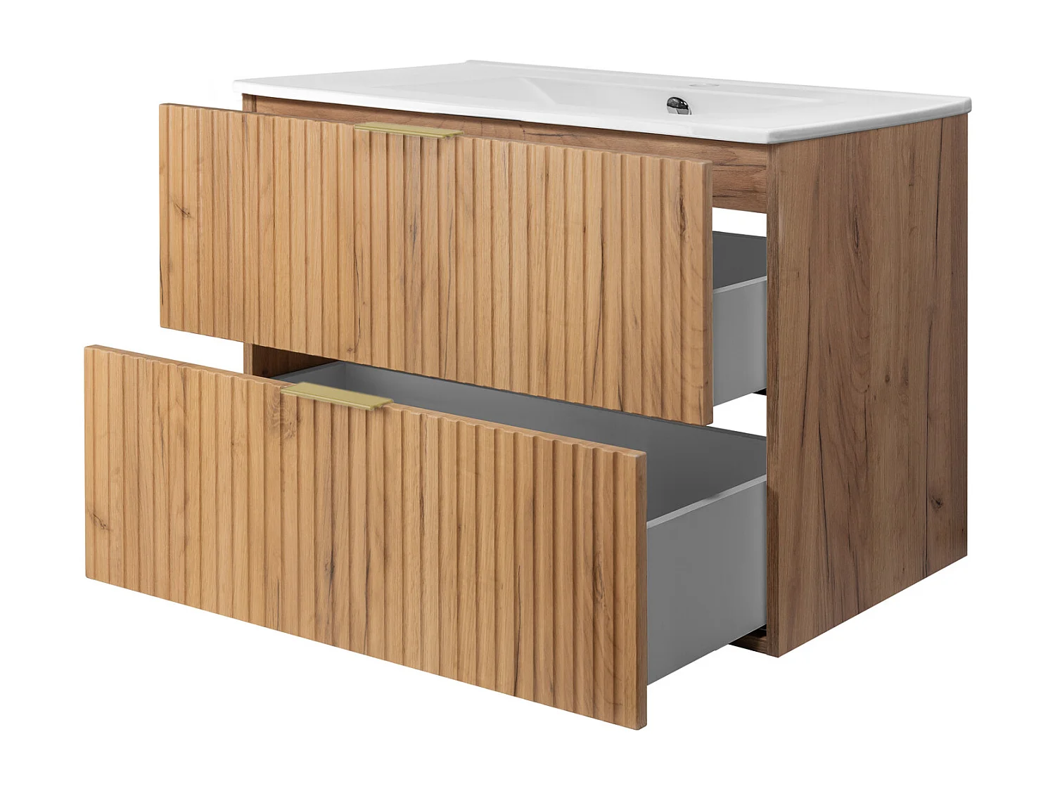 Meuble vasque, Chêne Craft, 80 x 57 x 46 cm, poignée dorée, sans plateau