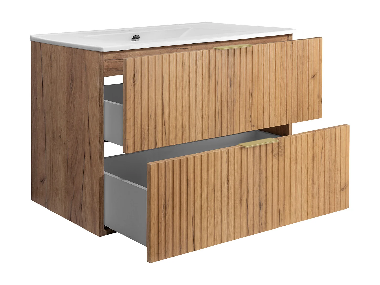 Meuble vasque, Chêne Craft, 80 x 57 x 46 cm, poignée dorée, sans plateau