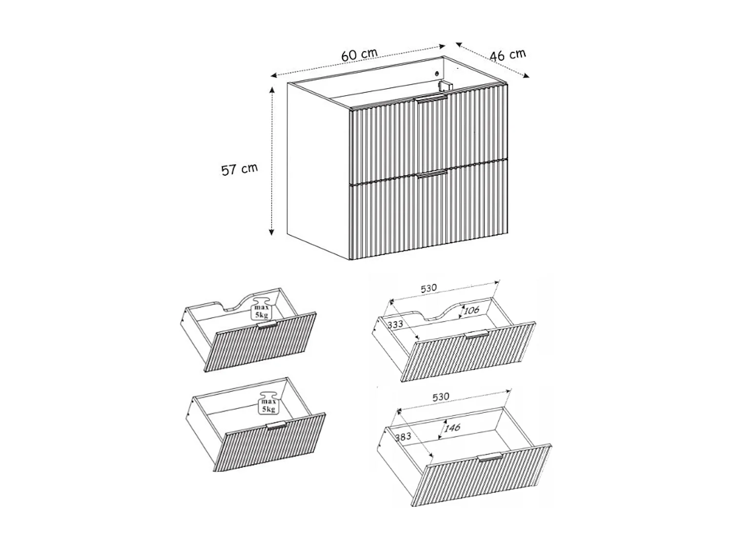 Mobile lavabo, Nero, 60 x 77 x 46 cm, maniglia nera, gambe nere, senza piano